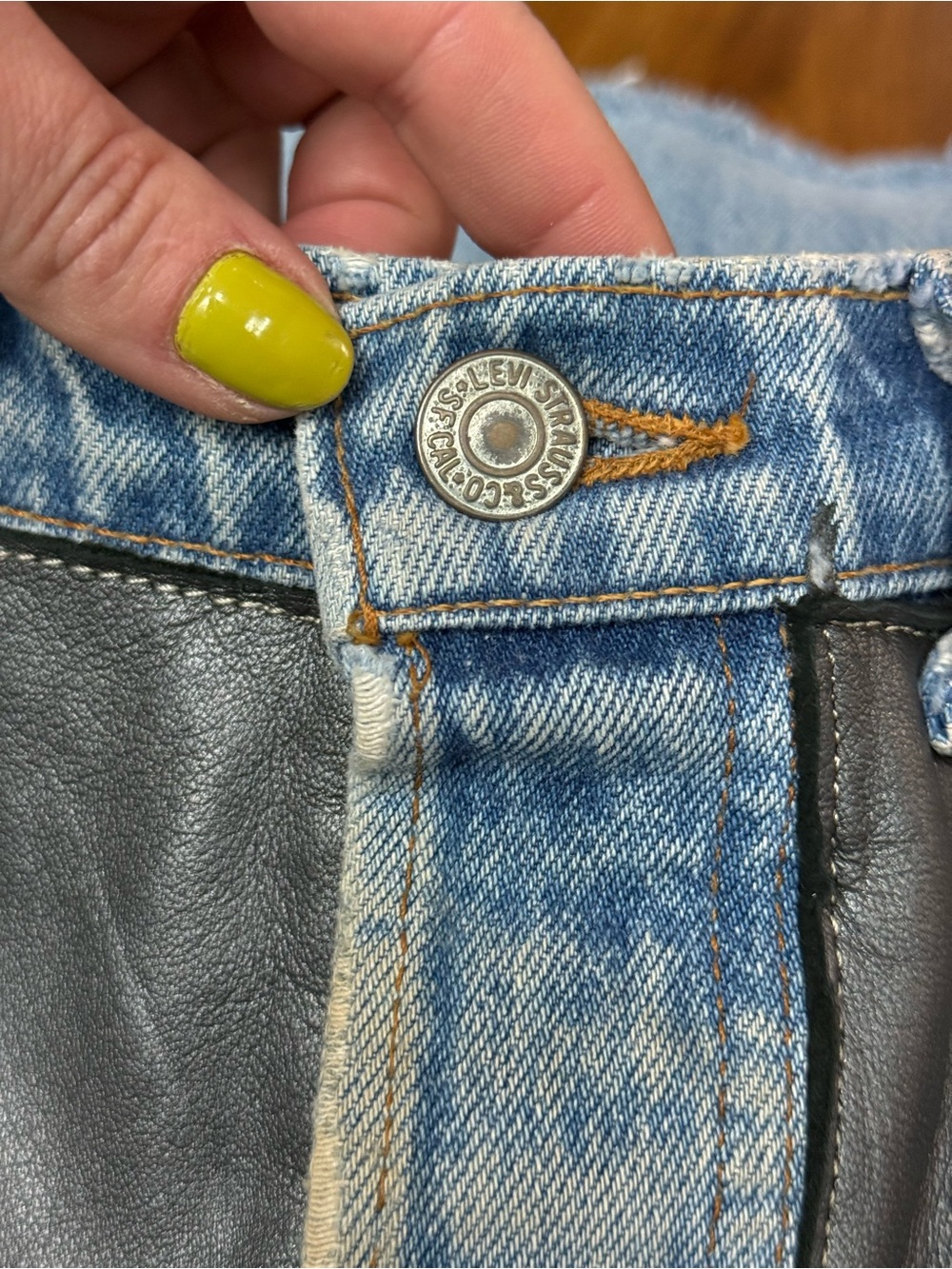 Vintage Leather Patchwork Skirt Upcycled Levi’s 501 Denim Jeans Size 12 - Picture 7 of 16